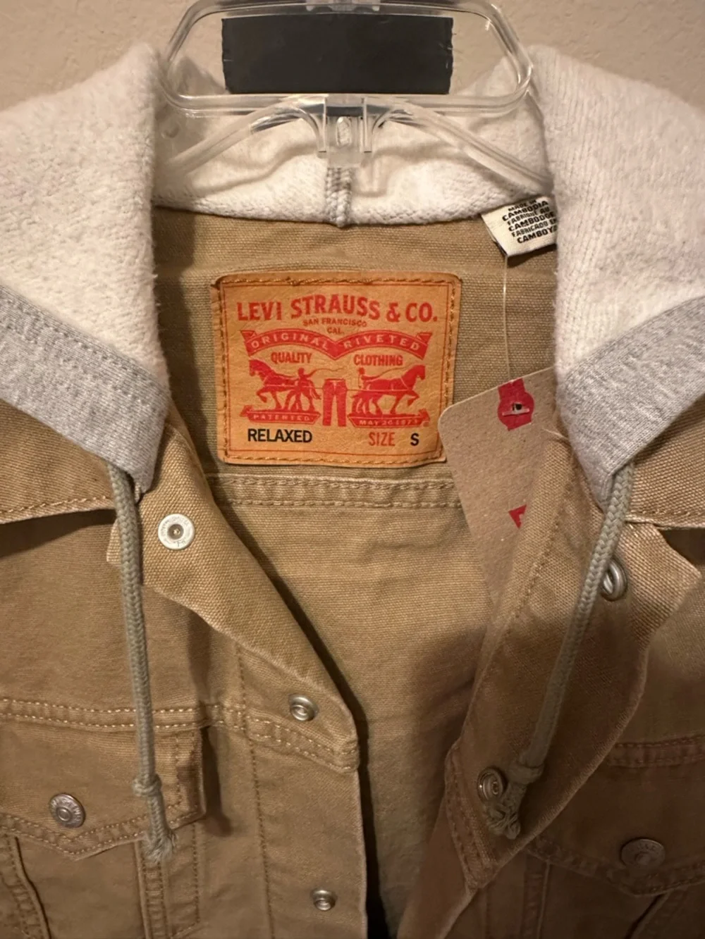 Levi's®Hybrid Tigers Eye Hoodie Jacket Tan Canvas with Gray Hoodie Sleeves. Sz S - Picture 9 of 16